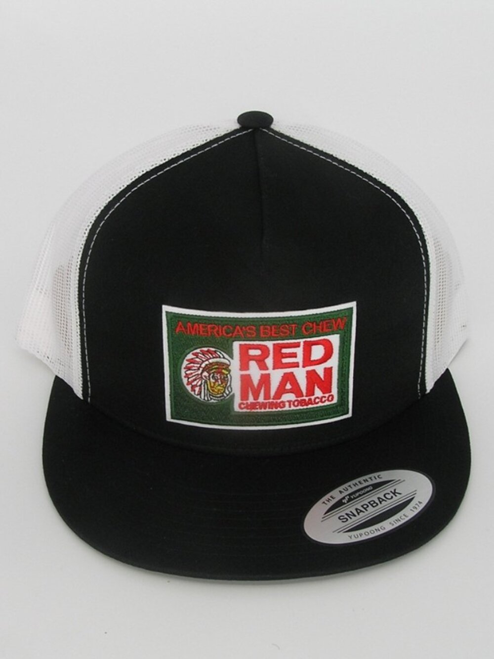 Red Man Tobacco Patch Trucker Hat Yupoong/YP Classic 6006 Snapback Black/White